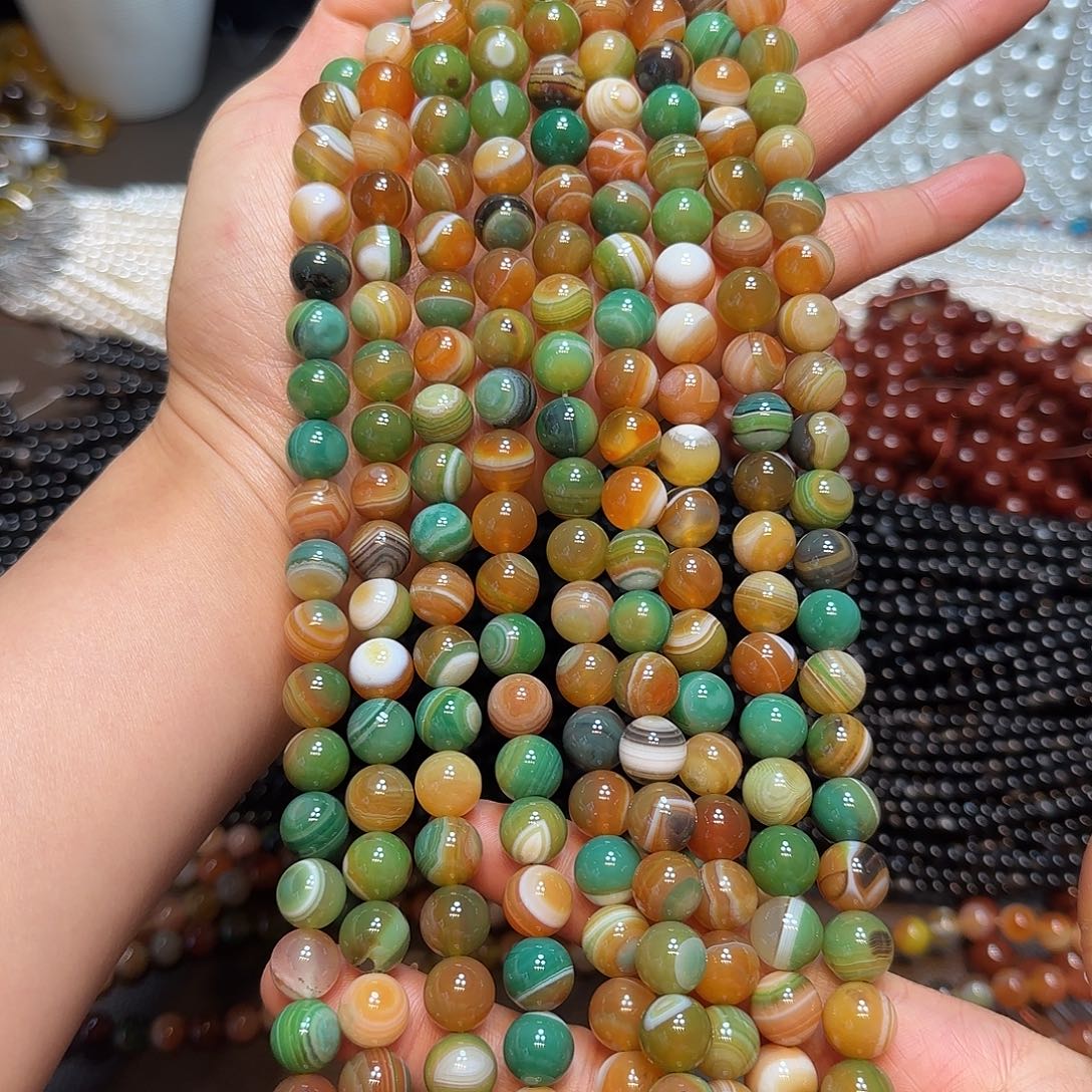 玛瑙/玉髓合金珠宝半成品10mm绿孔雀玛瑙线条一条