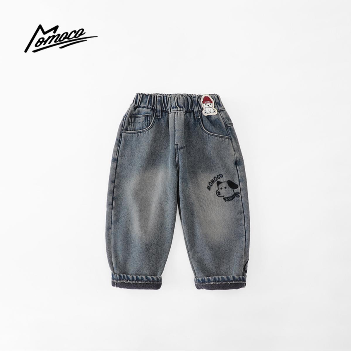 MOMOCO冬季儿童加绒牛仔裤卡通休闲百搭男宝裤子加厚77430350016