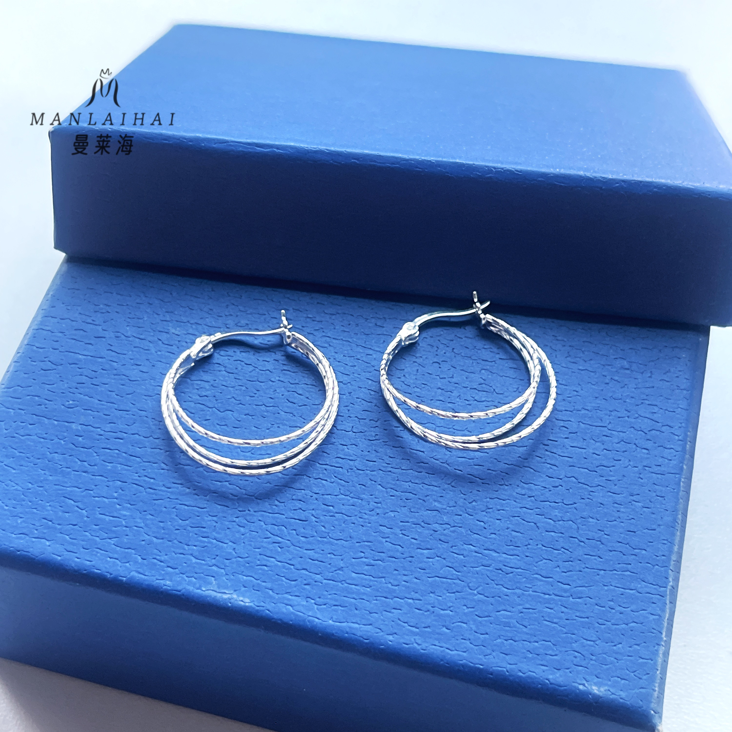 足银耳饰 时尚三层圆圈圈耳扣几何切面纯银耳环妈妈气质百搭欧美