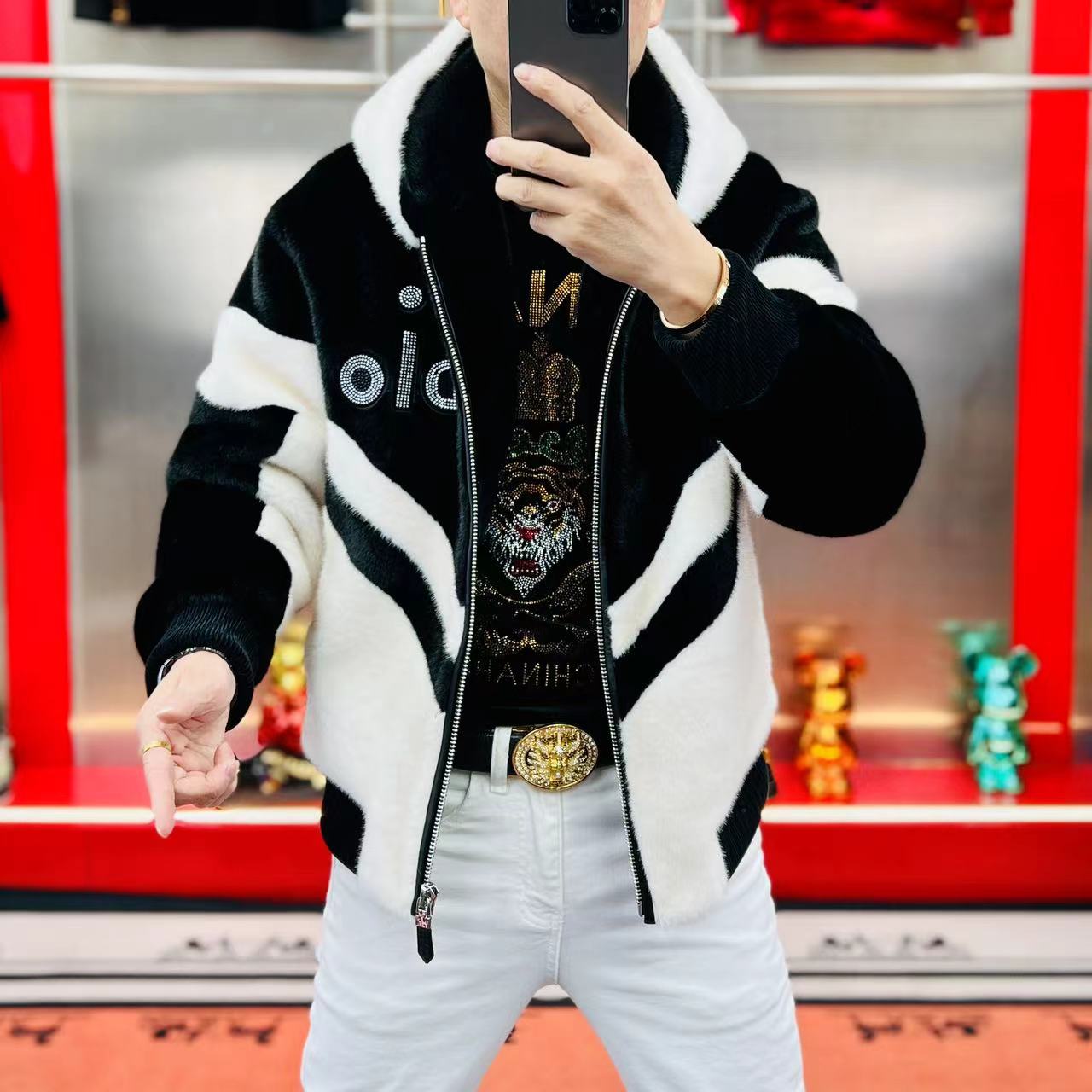 洋洋家 冬季新款高品质时尚百搭潮流痞帅轻奢男士连帽毛外套夹克