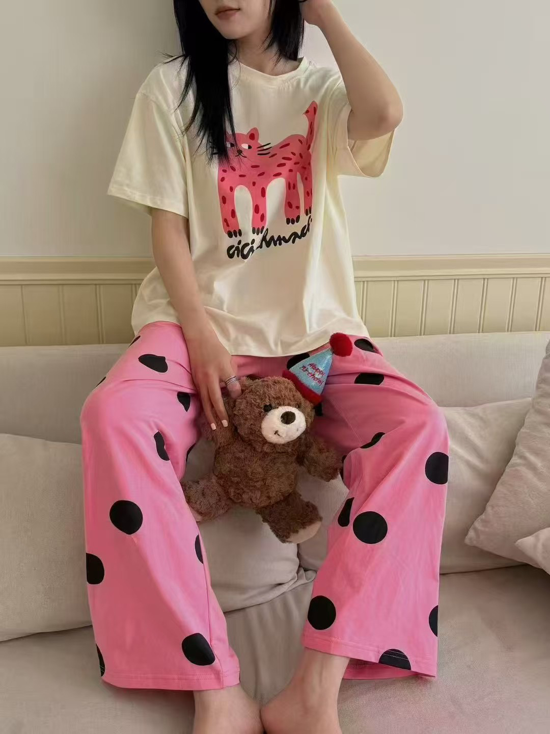 卡通猫咪短袖长裤睡衣套装女士夏季可外穿家居服