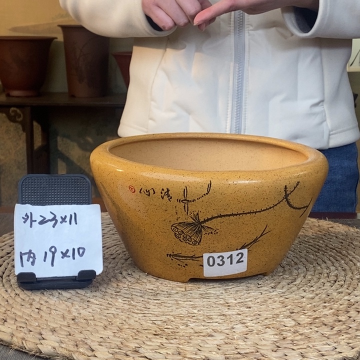 紫砂花盆  特惠柴烧刻绘鱼趣窝口0312