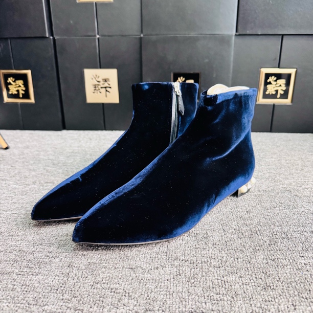 99新 MIU MIU/缪缪 宝石蓝绒面珍珠半靴37.5码ysc1638