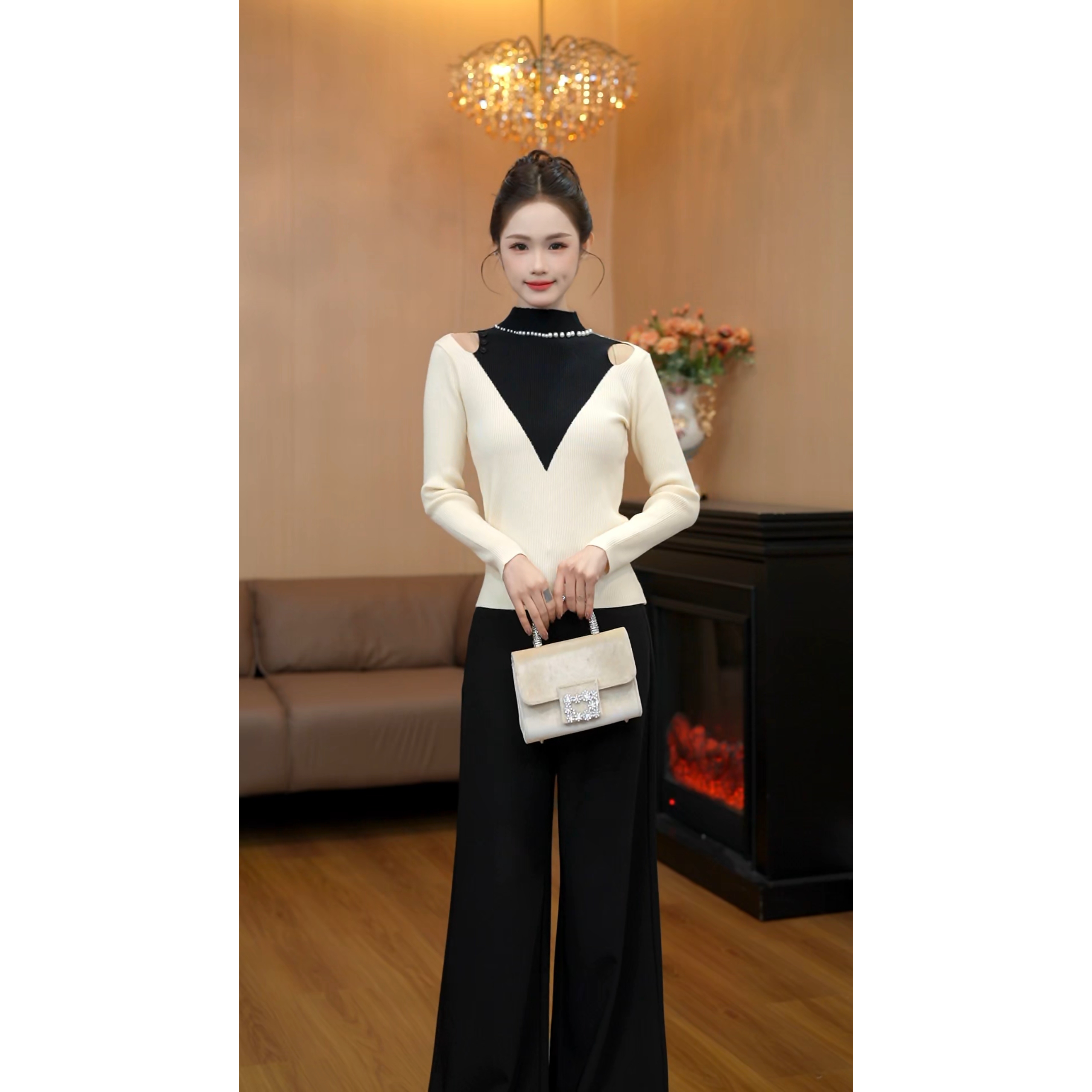 M5029-1撞色镂空装饰扣时尚气质修身针织衫