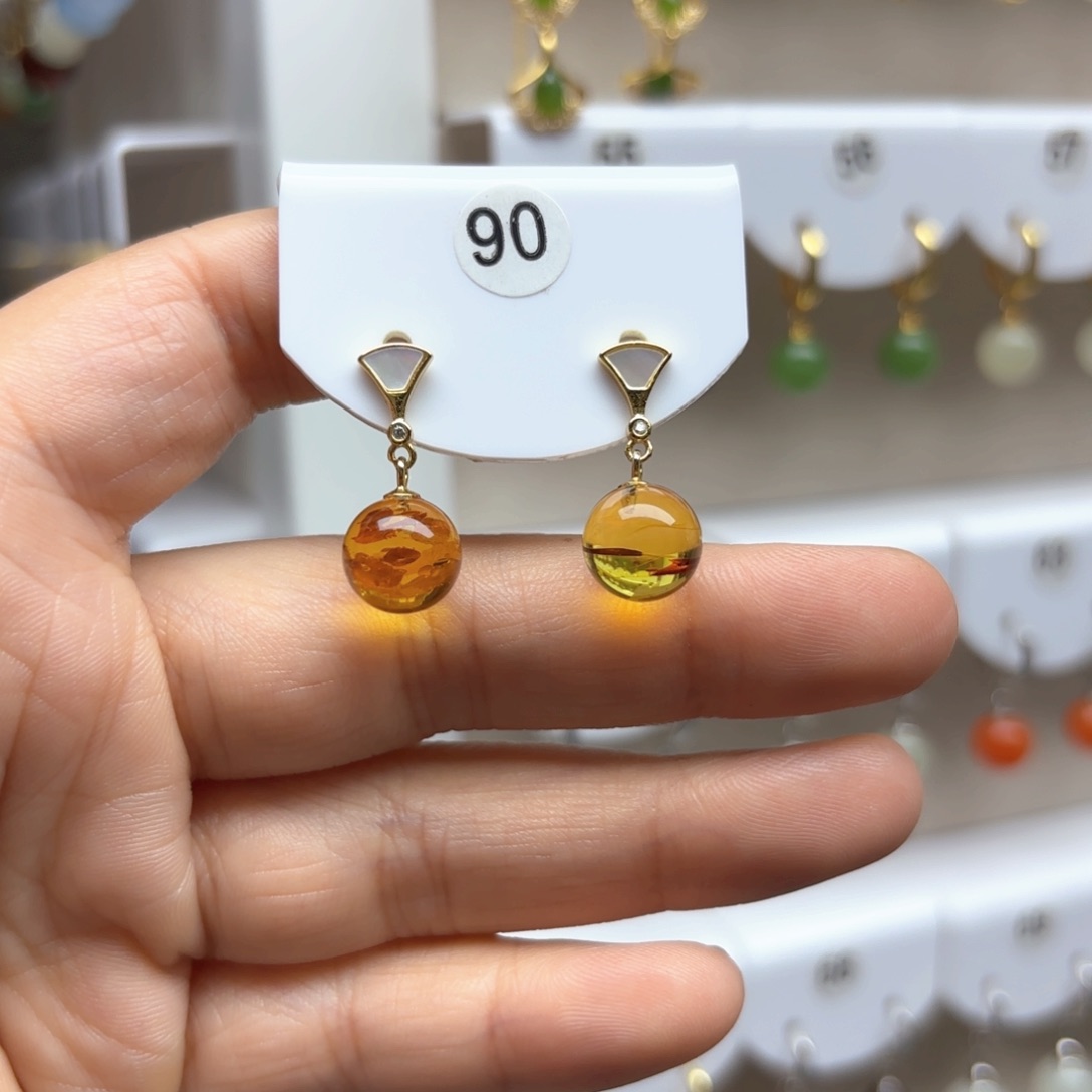 银S925镶嵌琥珀（花珀）耳饰花珀