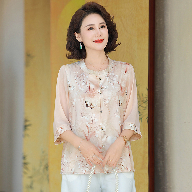 妈妈七分袖雪纺衬衫夏装奶奶上衣中老年女洋气小衫2025新款开衫薄