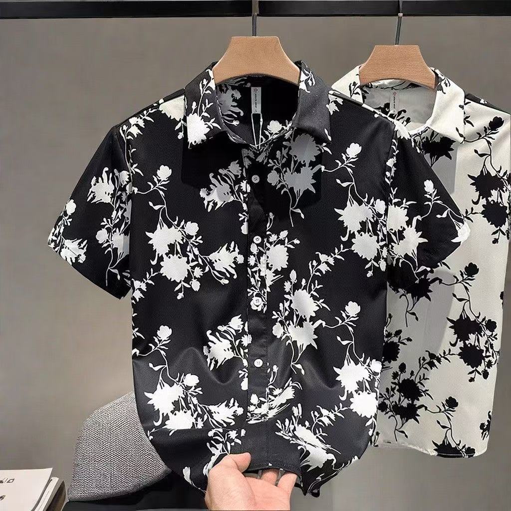 夏季薄款复古碎花短袖衬衫男士沙滩衣服痞帅宽松潮流半袖花衬衣