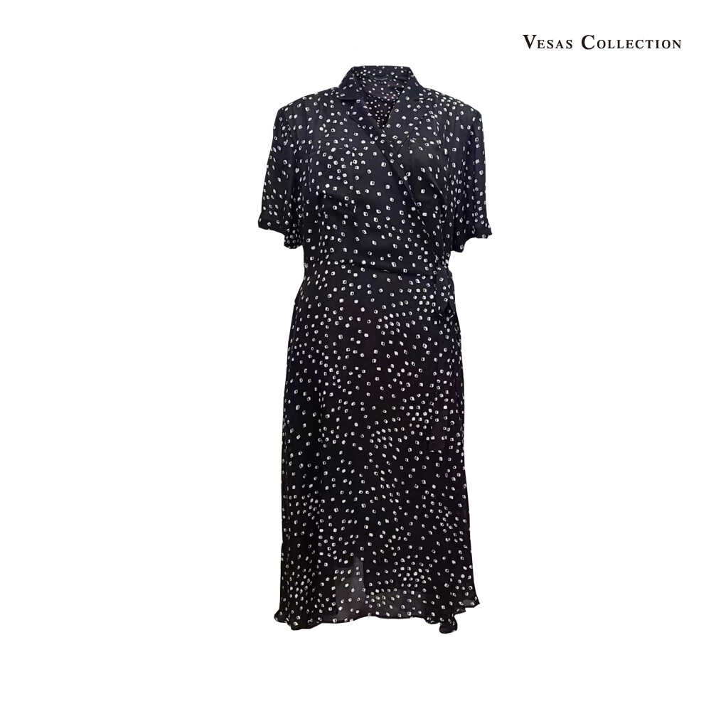 vesas collection D1382 法式缎面知性气质印花开叉连衣裙