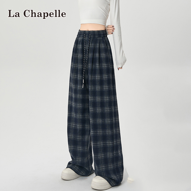 拉夏贝尔毛呢格子裤女春秋季复古直筒休闲裤宽松百搭显瘦阔腿裤子