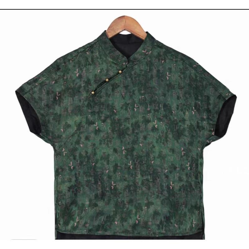 青衫骨文——100桑蚕丝双面穿新中式中国风甲骨文短袖小上衣