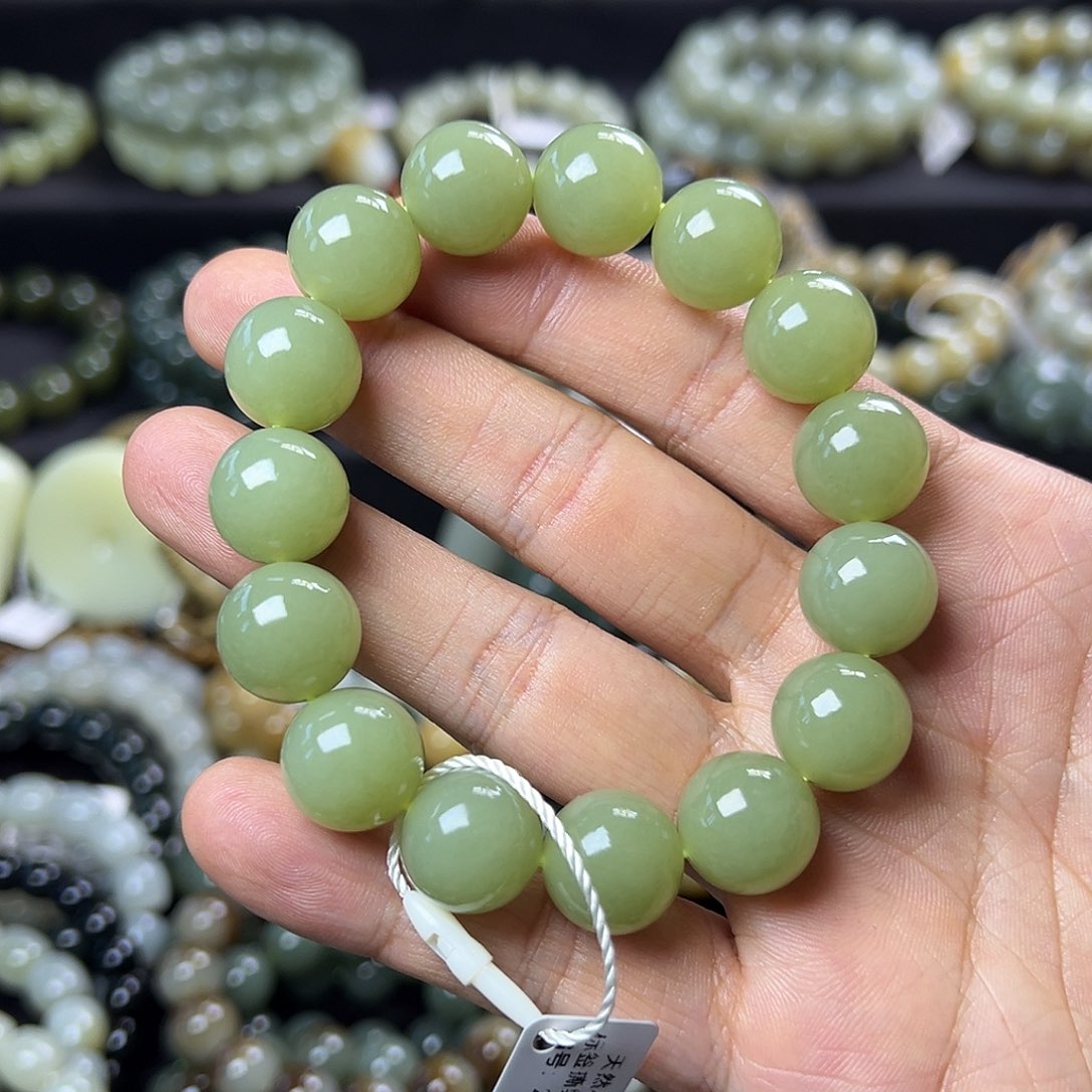 和田玉手链未镶嵌新疆若羌青黄口葡萄肉卡14圆珠 油润