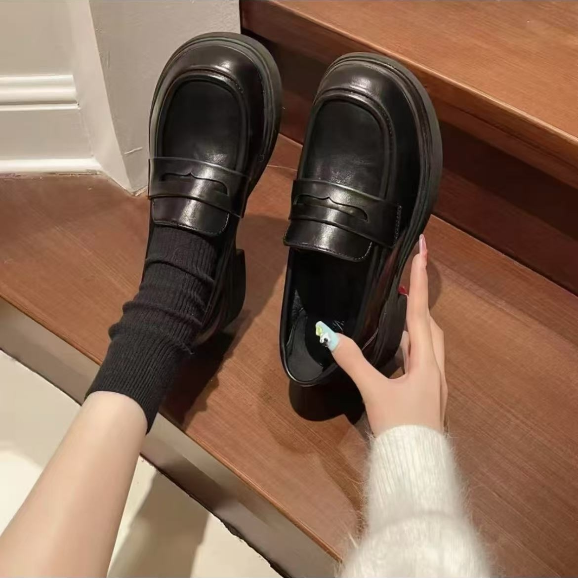 厚底小皮鞋女乐福鞋2025春秋新款玛丽珍英伦风一脚蹬黑色浅口单鞋