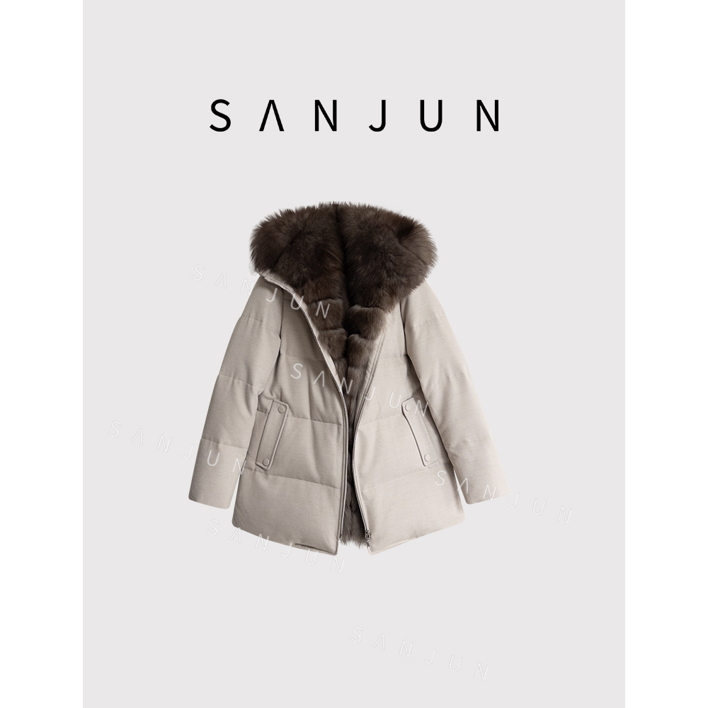 SANJUN高端定制【信刃】秋冬上新保暖狐狸毛羊毛连帽鹅绒服25128