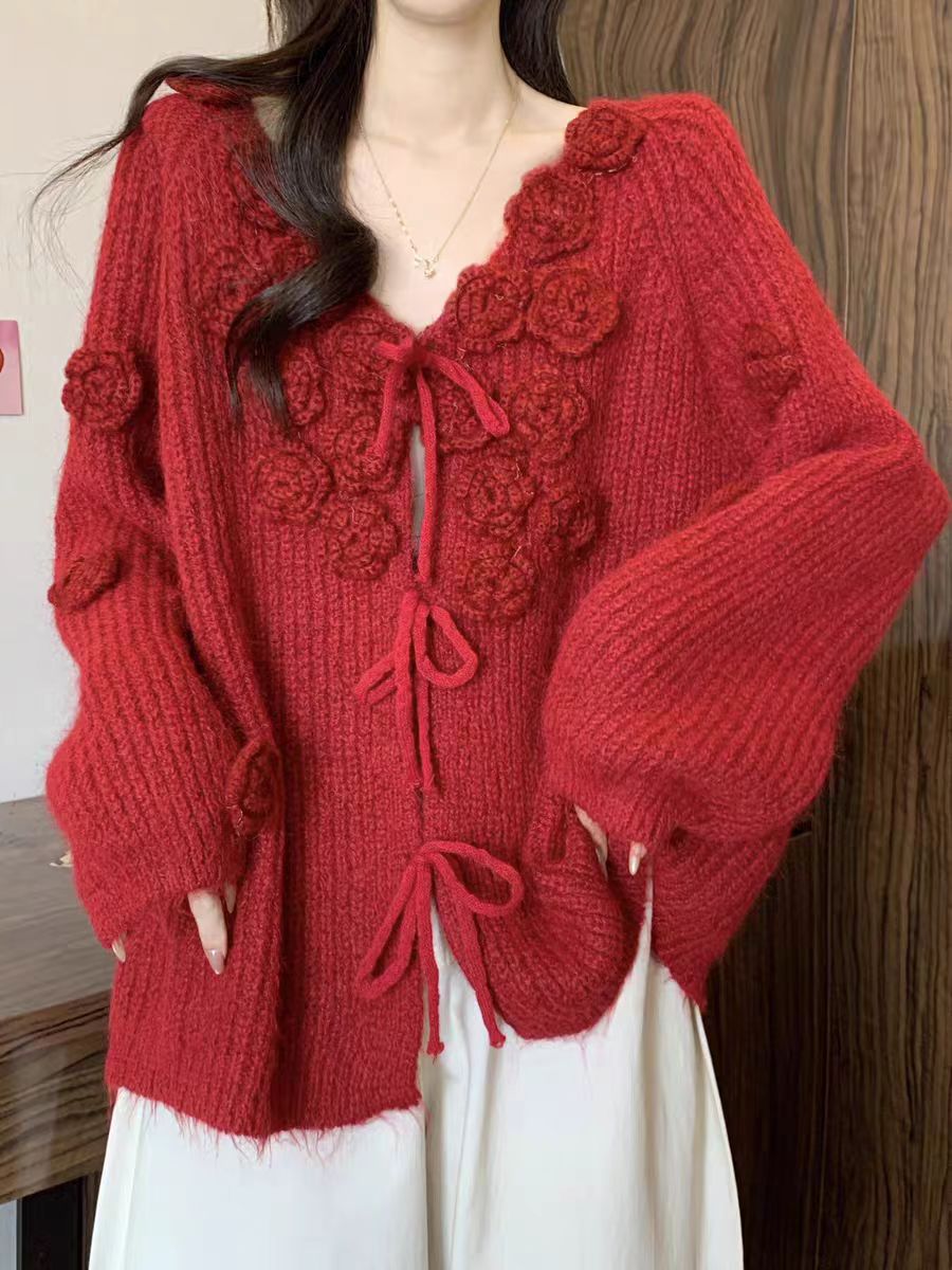 春秋洋气钩花常规长袖复古宽松亮片女毛衣秋冬开衫