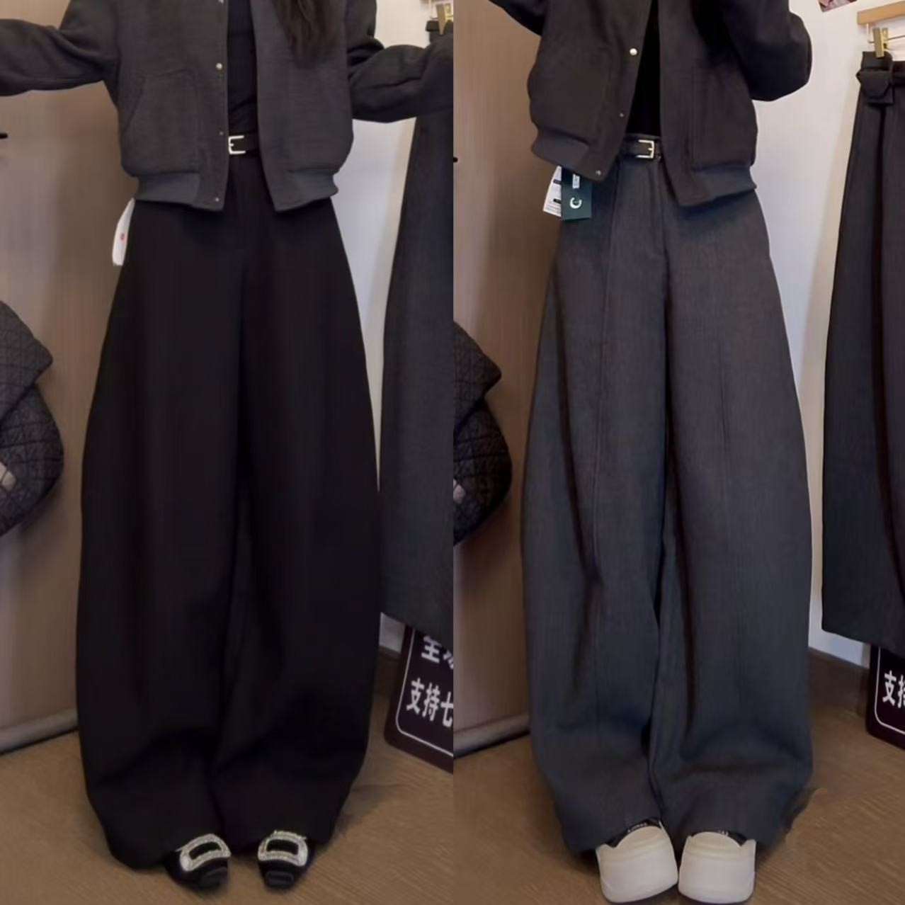 (带腰带)加绒加厚毛呢西装裤女2025冬高腰显瘦阔腿直筒裤弯刀裤