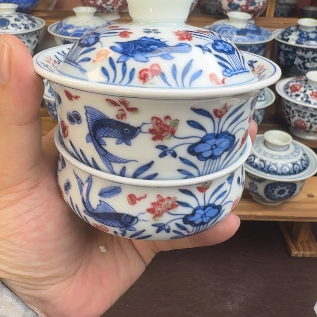 山***丘瓷片陶瓷纯手工手绘瓷瓷盖碗杯浅