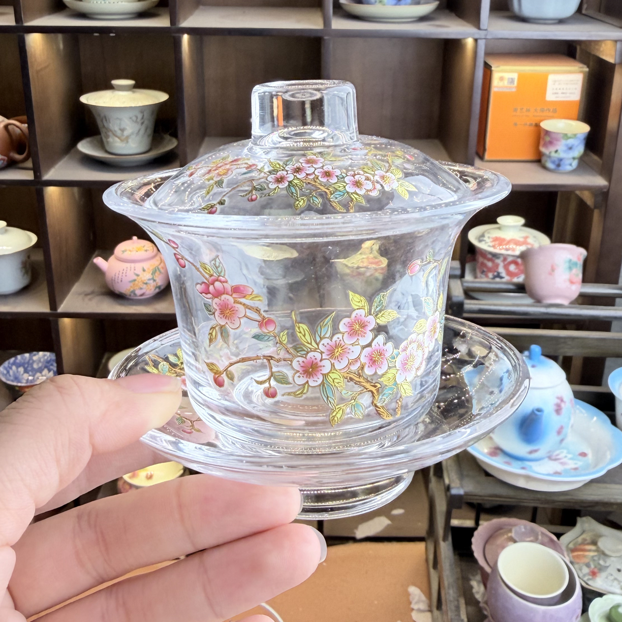 水晶玻璃加厚耐热防烫三才盖碗泡茶碗