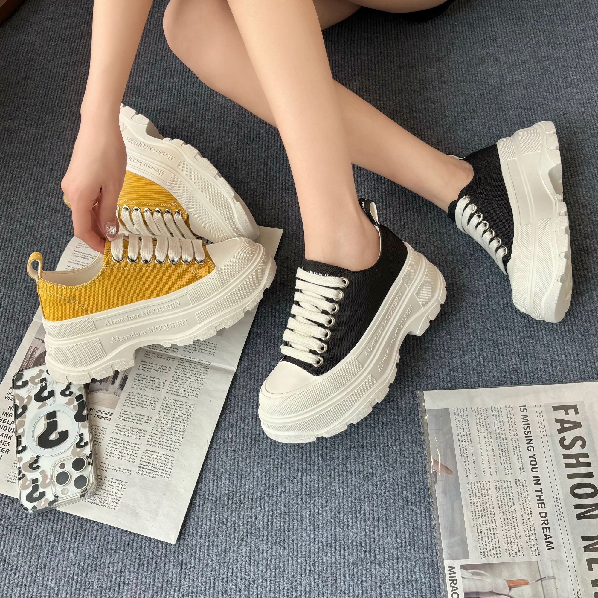 【墨羽叠峦】春季新款厚底增高休闲帆布女鞋日常纯色潮流低帮小白鞋