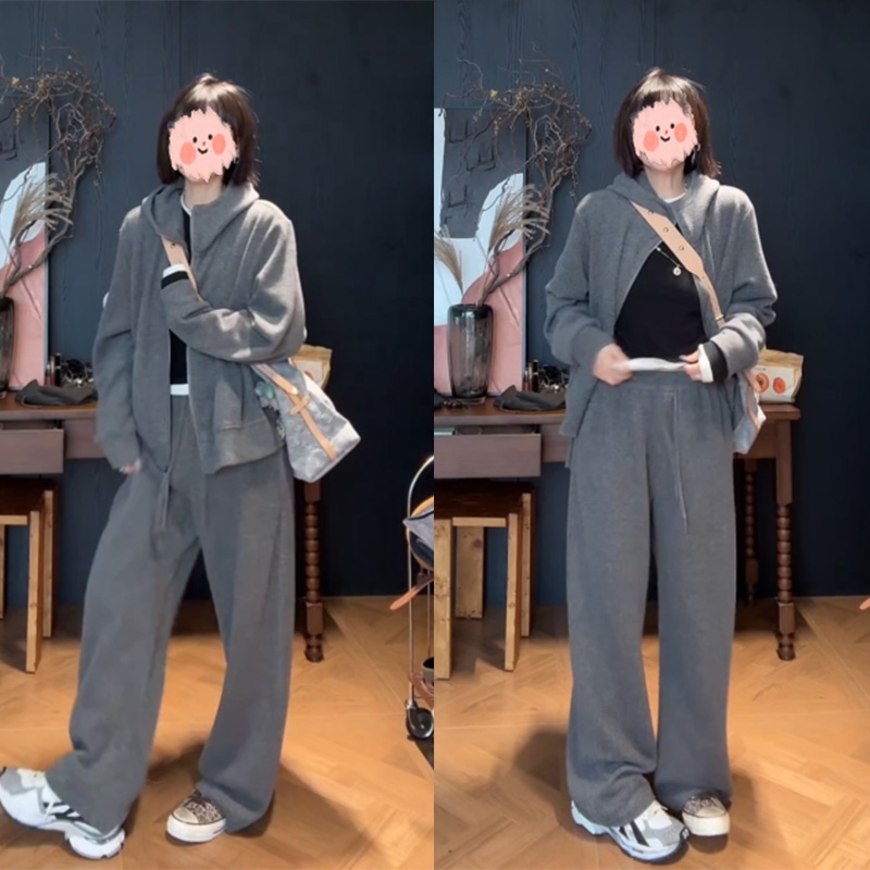 【一梦昙花】韩系简约百搭连帽拉链卫衣+直筒休闲卫裤套装