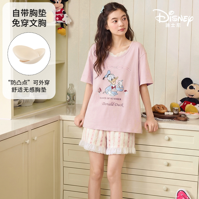 Disney/迪士尼夏季新款纯棉短袖短裤带胸垫卡通少女家居服0337