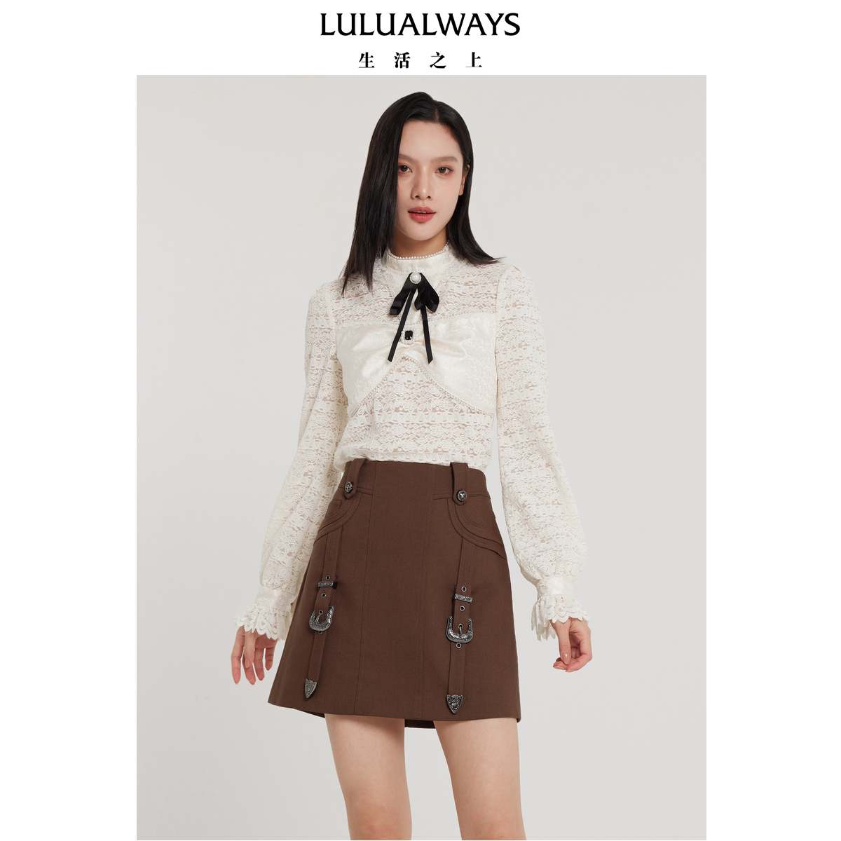 LULUALWAYS新款法式收腰蕾丝衬衫LPA2051