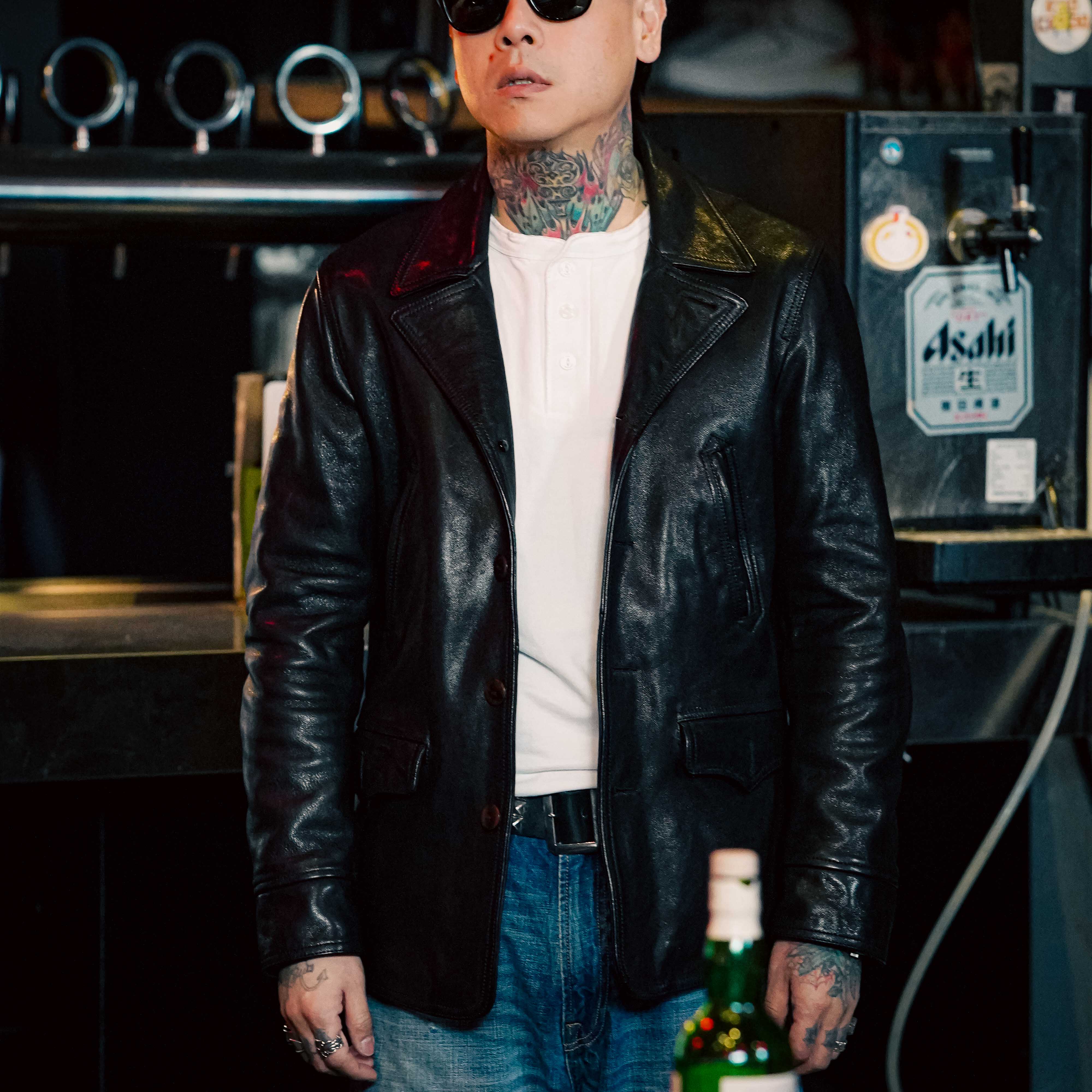 复古真皮调度员山羊皮中长款翻领商务经典夹克外套