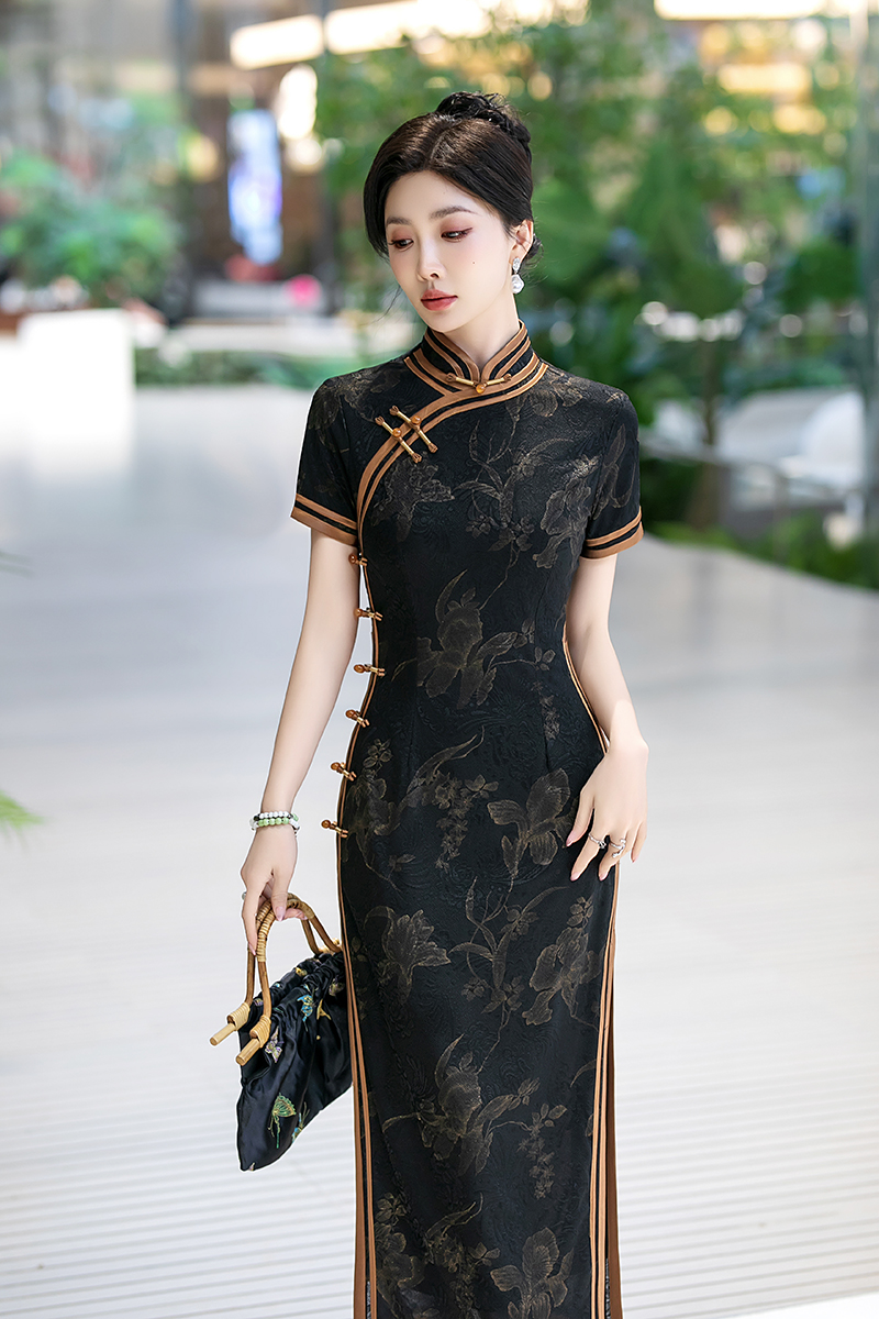 白幼秀夏季年轻黑色显瘦优雅时尚气质旗袍蕾丝修身日常高档5586