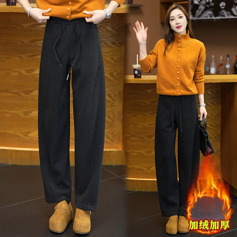 小个子松紧腰羊毛呢香蕉裤加绒加厚秋冬保暖弯刀裤慵懒风外穿女裤