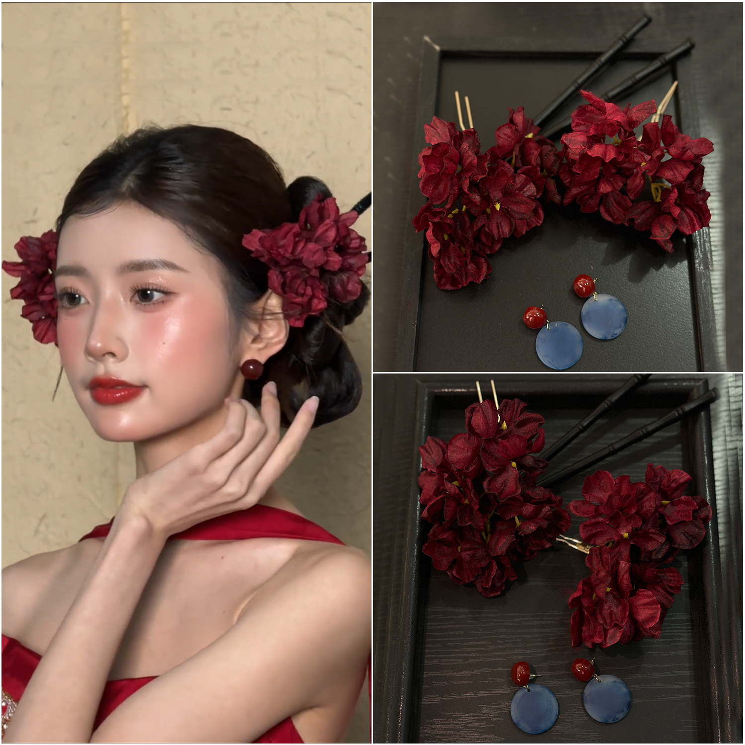 新款新中式新娘头饰红色仿真花朵发簪结婚礼服旗袍晨袍汉服发饰品