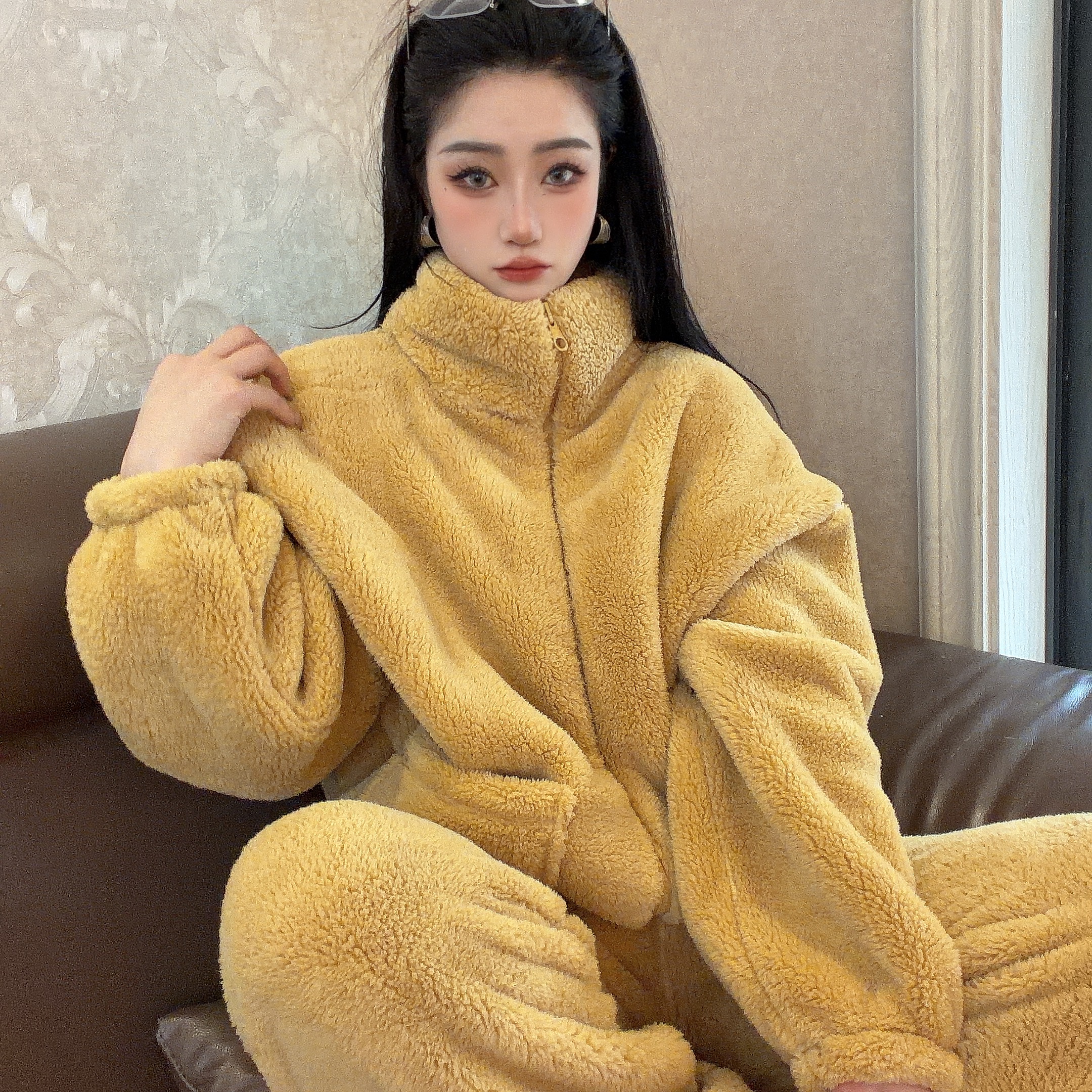 加厚睡衣女款保暖上衣松紧带立领家居服冬季长袖时尚