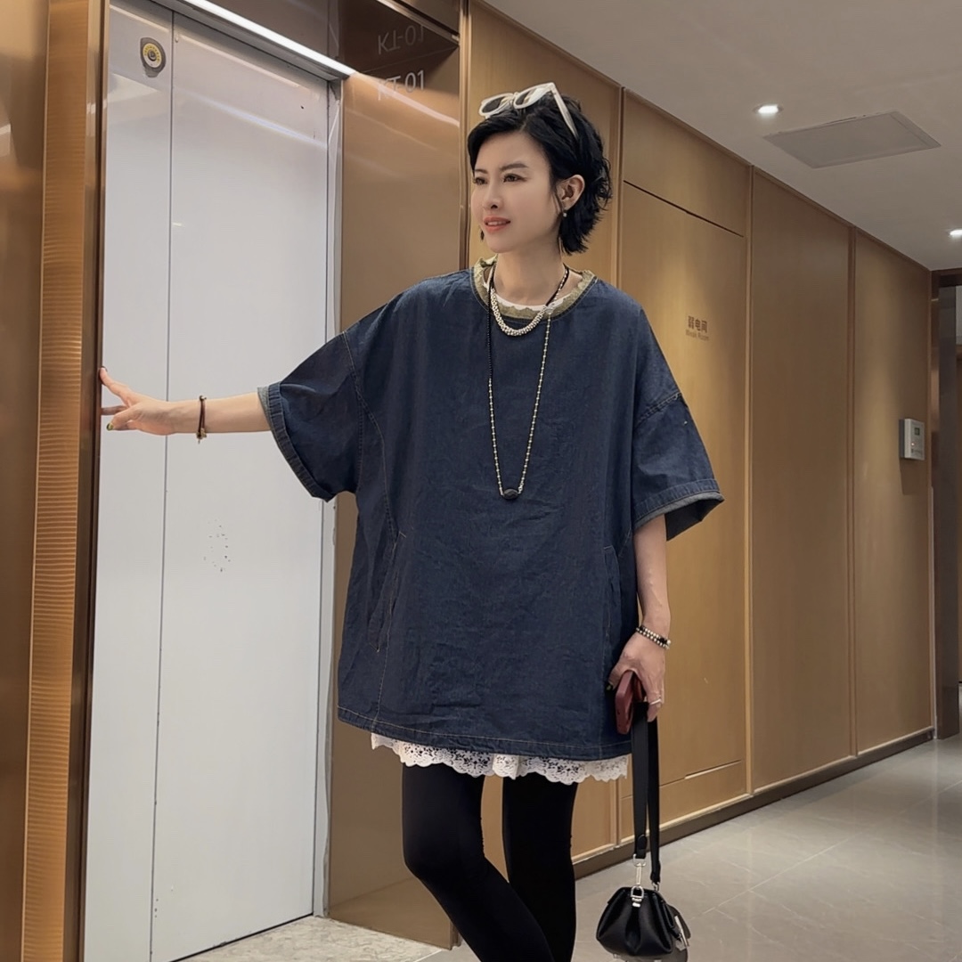 【芬芬姐精选】春季休闲百搭时尚小众设计感圆领蕾丝牛仔衬衫5063