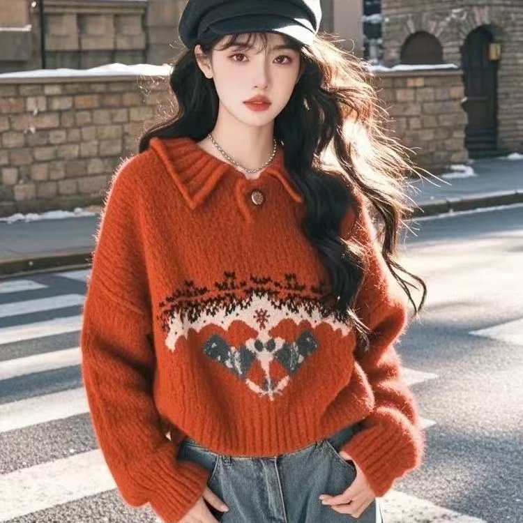 秋季打底衫长袖女高级感费尔岛红色翻领卡通毛衣女2025新款春秋季
