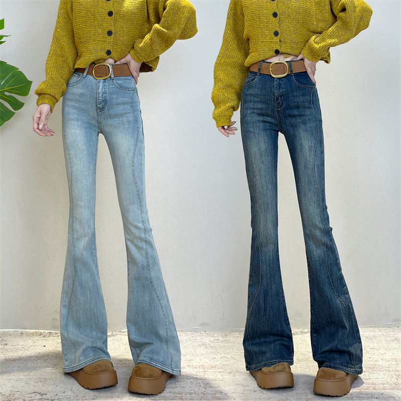 迪否设计感高腰加绒微喇牛仔裤秋季新款显瘦气质牛仔裤6377