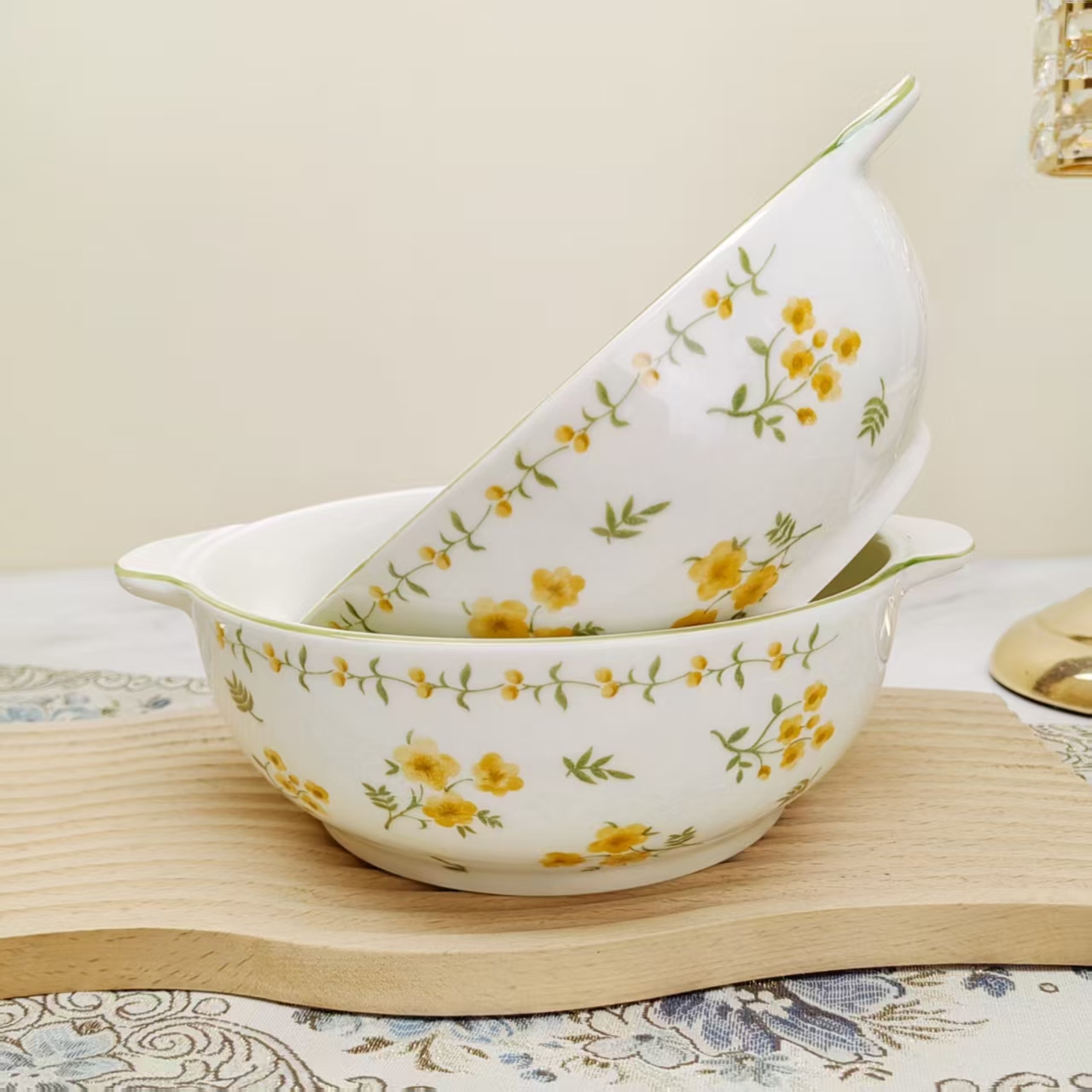 2只装-9.5英寸双耳碗奶油风-春意盎然/破损补发