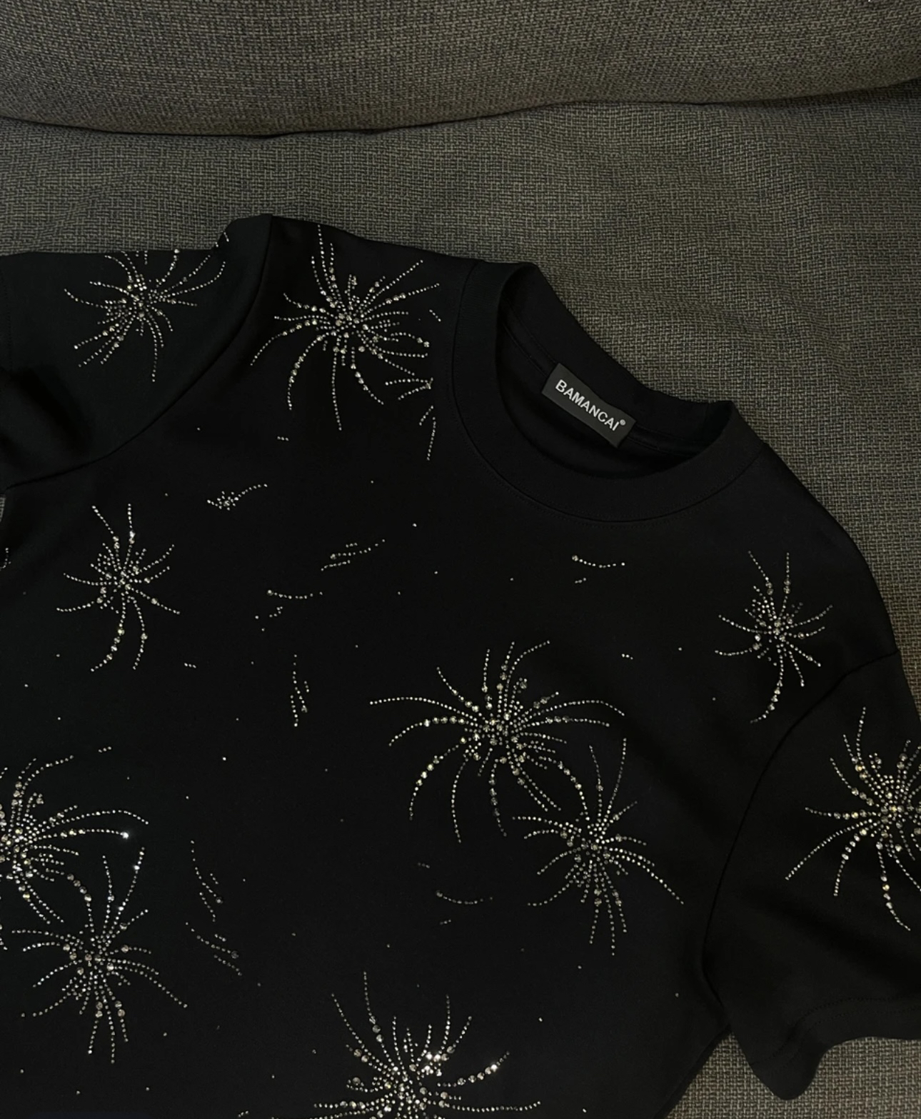 Bamancai-设计感新款时尚烫钻简约舒适圆领百搭T恤女短袖上衣