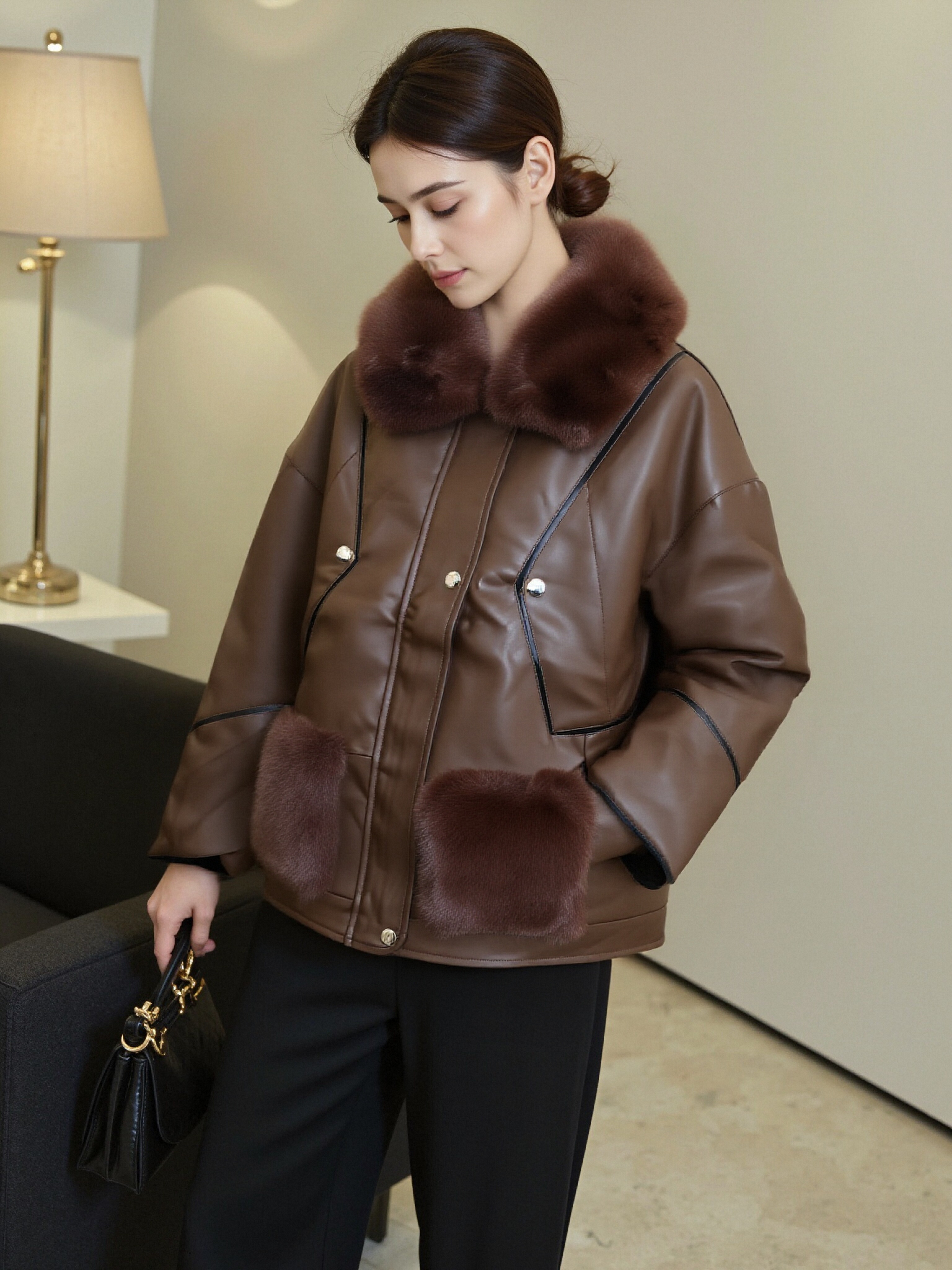 高颜值韩版皮衣翻领防风炸街款毛领可拆卸女士夹棉外套6C970