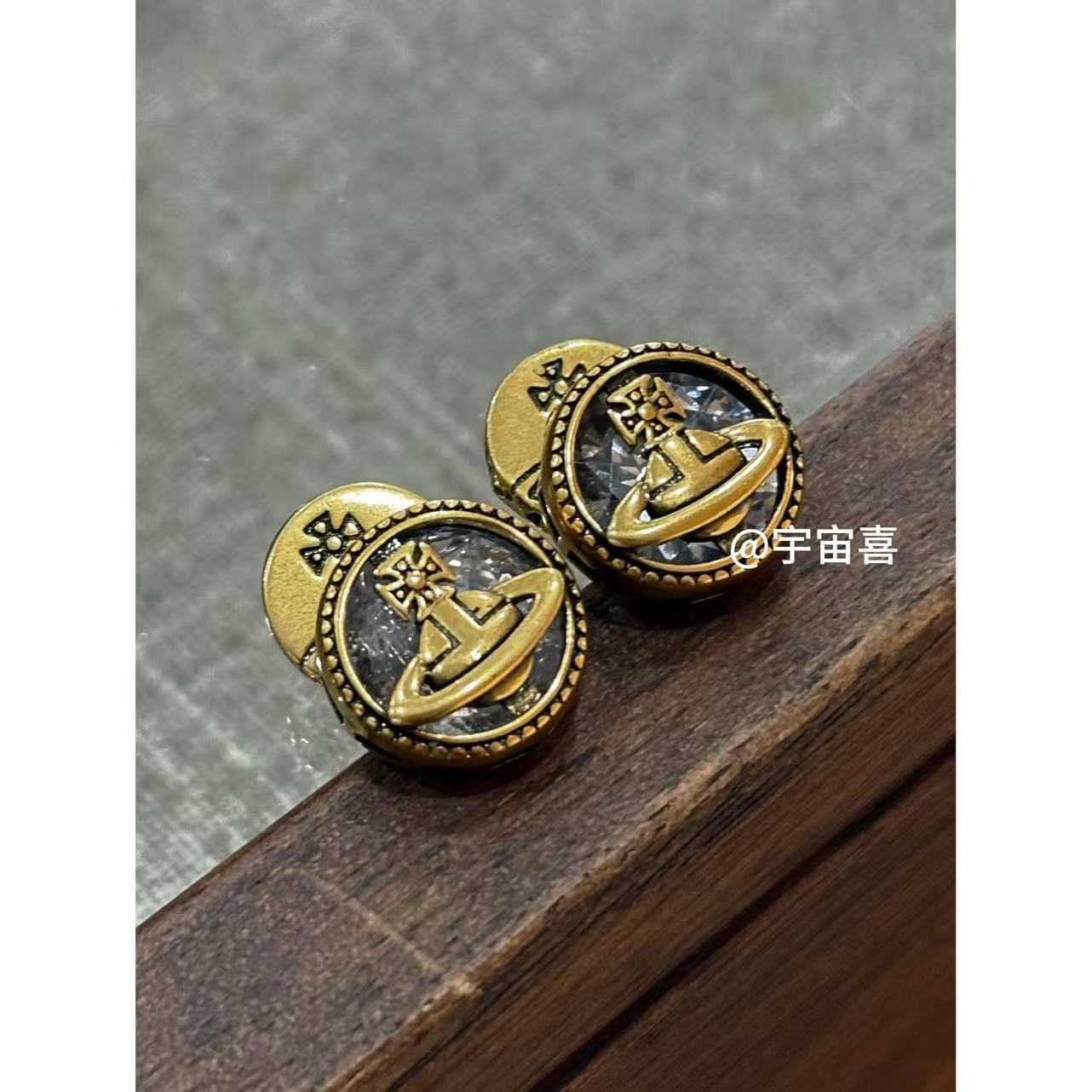 黄铜锆石耳饰 I2-906【黄铜白锆星球中古镂空耳钉】