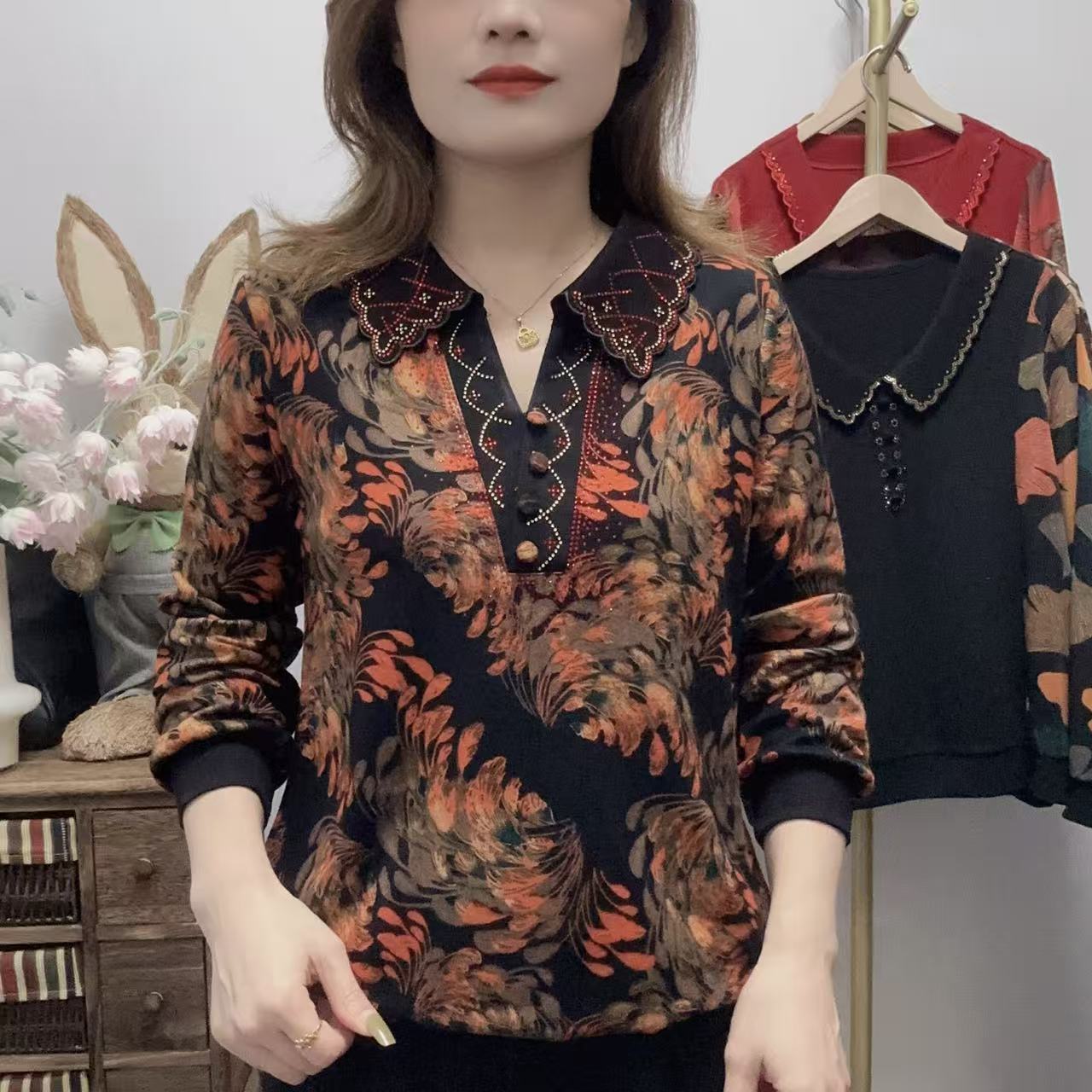 【丽姐家】秋季新款妈妈装翻领小衫女装打底衫常规中老年女装上衣