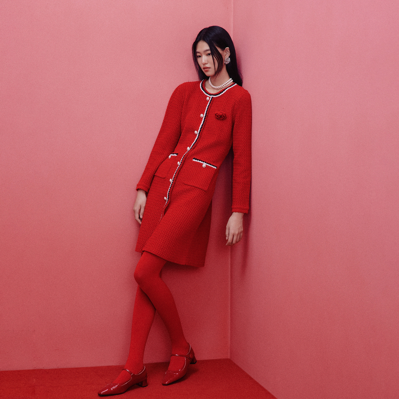 LIME/莱茵【东方灵韵】复古羊毛花纱针织连衣裙中国红LDHANBKOP802