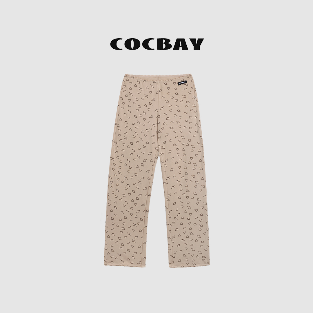 COCBAY-Urban Drift｜爱心满印卡其花边低腰春夏直筒阔腿裤YK0014