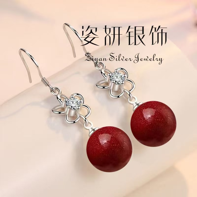 含辰砂工艺品气质时尚甜美辰砂耳环高级感纯银上档次本命年耳坠女