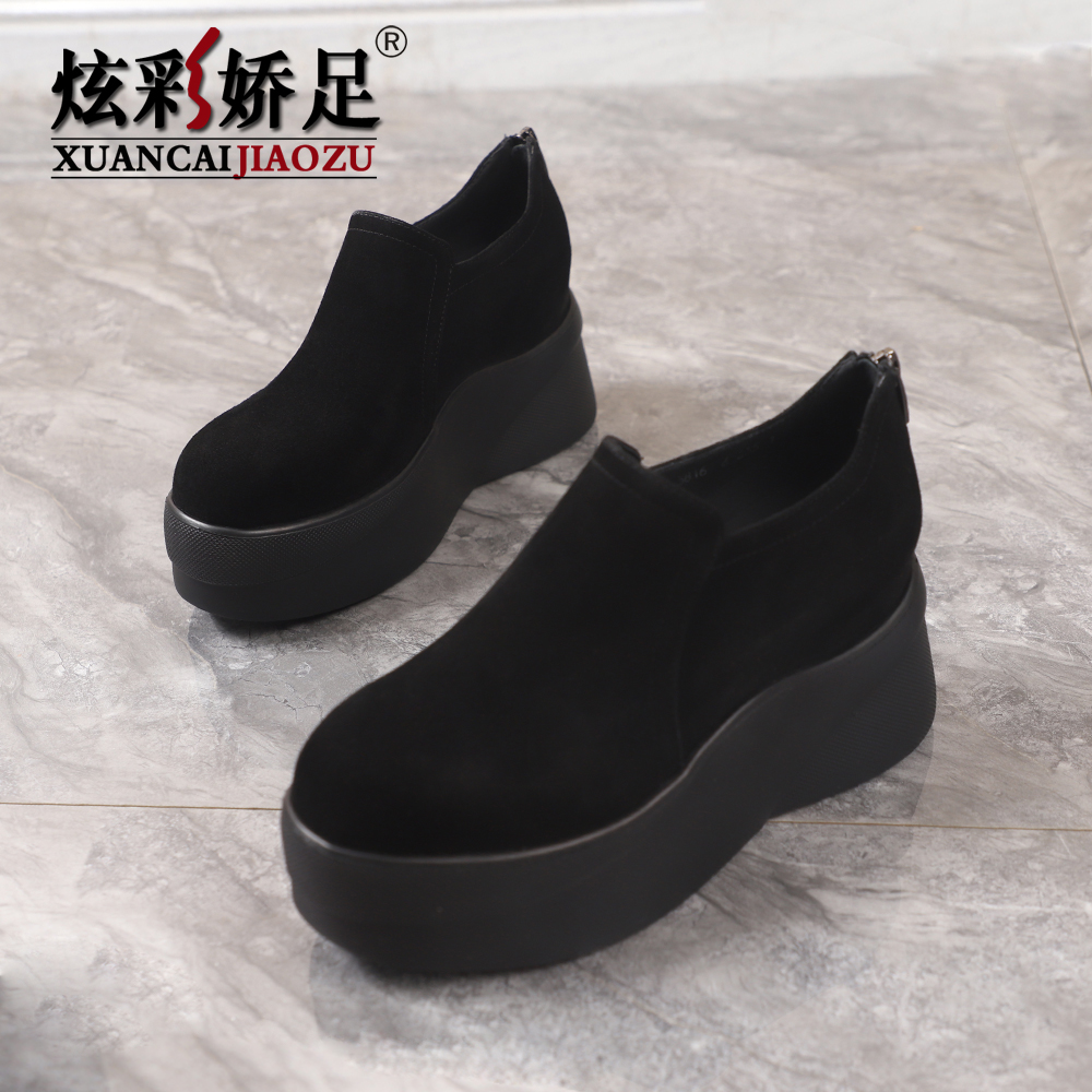 内增高女鞋2025春秋新款百搭真皮小个子坡跟厚底松糕鞋单鞋小皮鞋