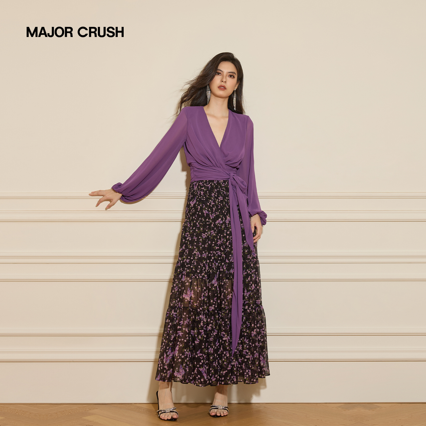 MAJOR CRUSH秋季新款复古气质时尚系带撞色时尚沐紫套装74379