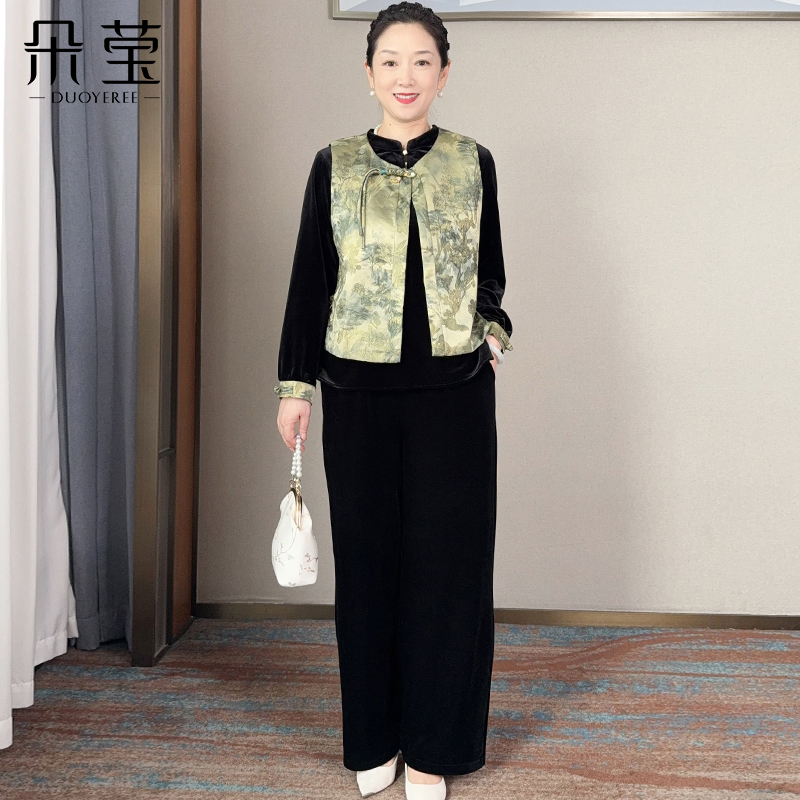 妈妈秋装新中式金丝绒套装中年女马甲中老年春秋洋气三件套XX695