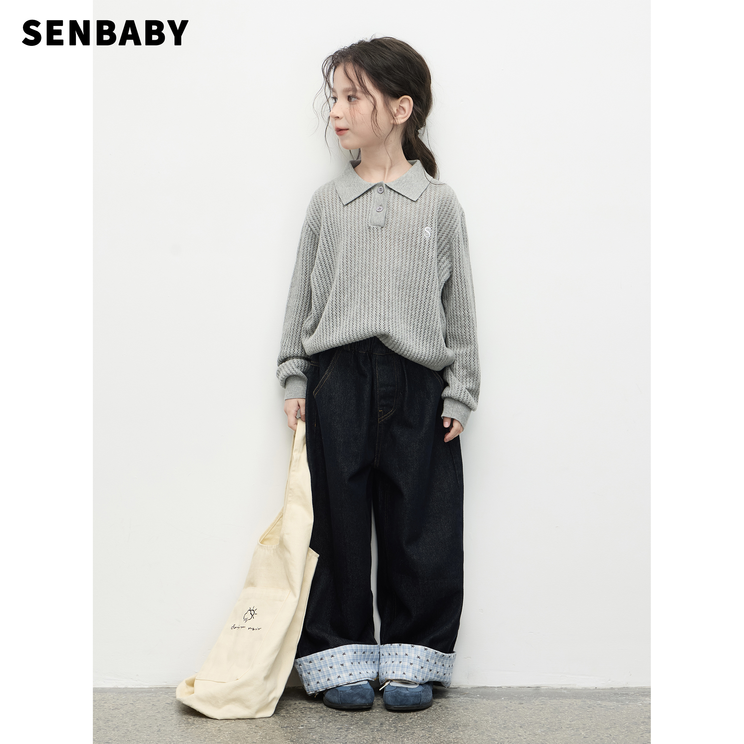 【现货】senbaby女童针织套头衫秋新款韩版小翻领灰色针织polo衫