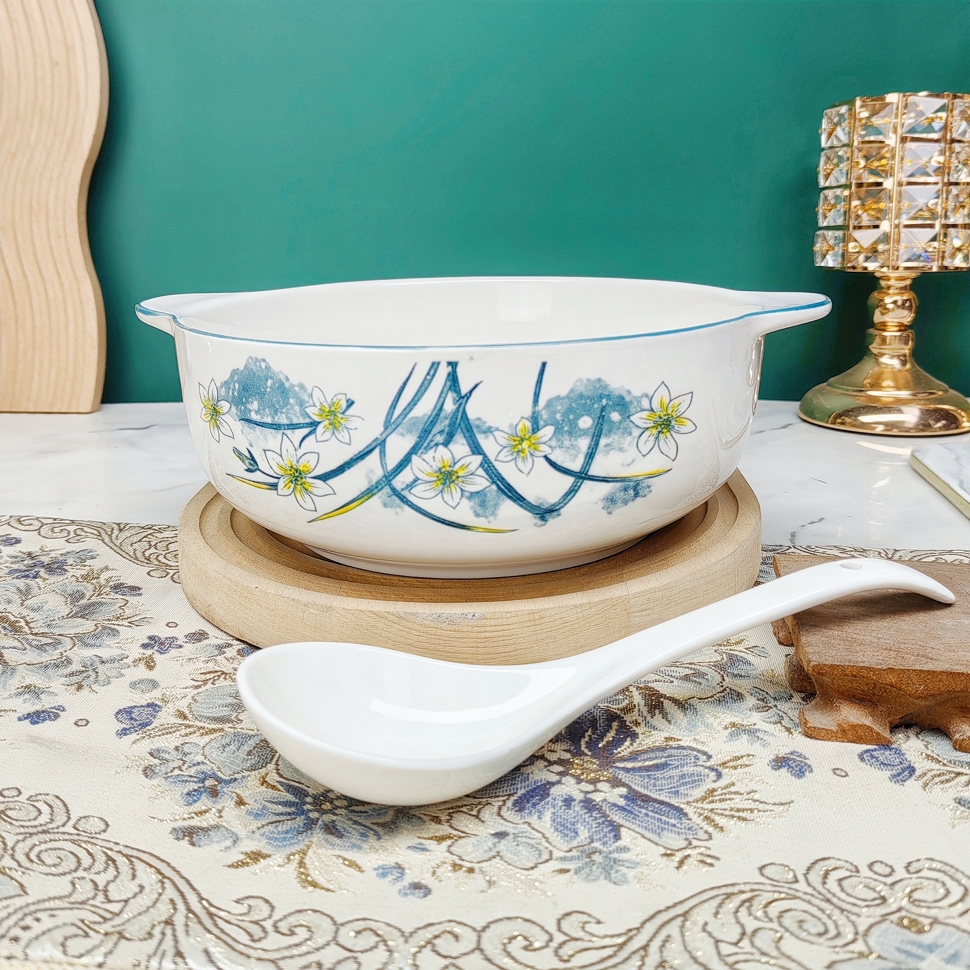 10.5英寸(含耳尺寸)双耳碗水仙花+勺 破损补发