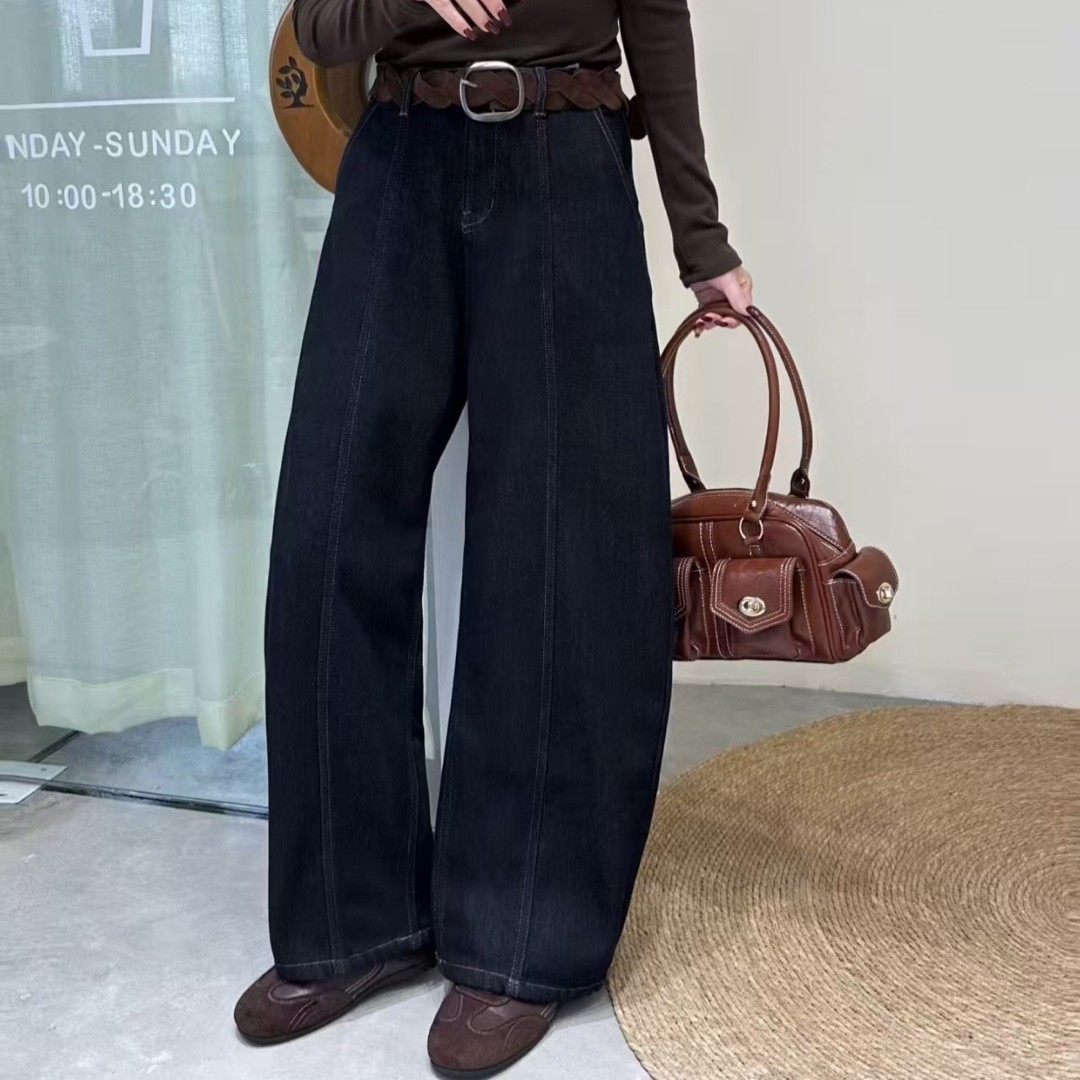 深蓝弯刀阔腿加绒牛仔裤女高腰显瘦小个子牛仔裤