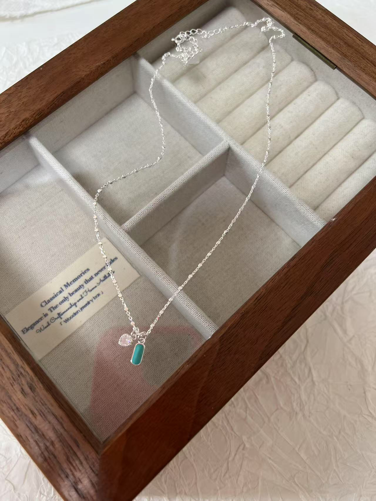 坠链均925银合成锆石 日系厂绿色长方牌爱心锆石银项链轻奢百搭