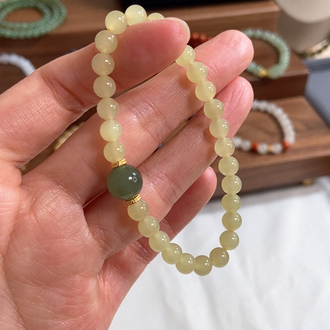 和田玉手链银S925镶嵌福利6mm黄口