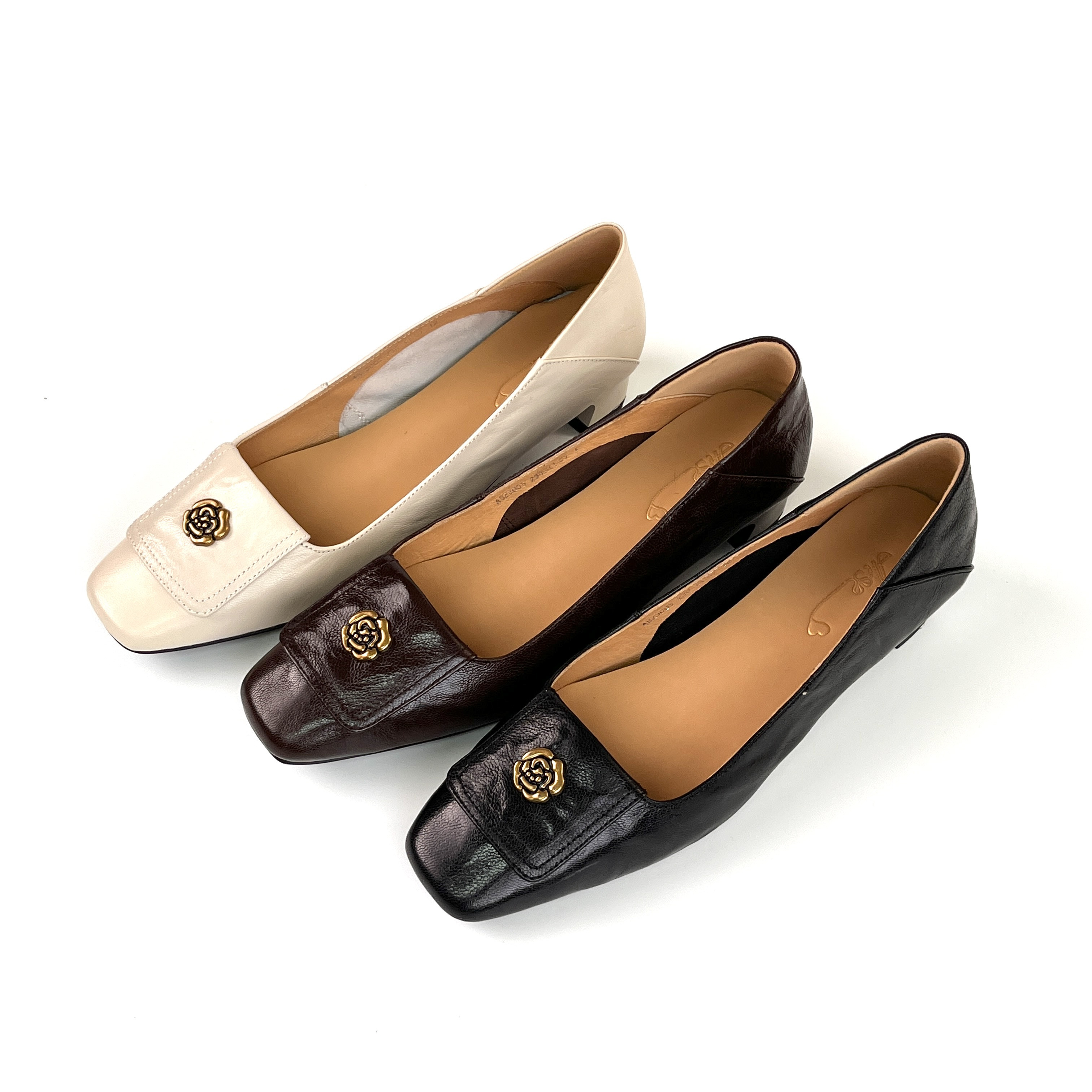 G CK 头层羊皮法式山茶花方头浅口单鞋舒适粗跟鞋不累脚真皮 353